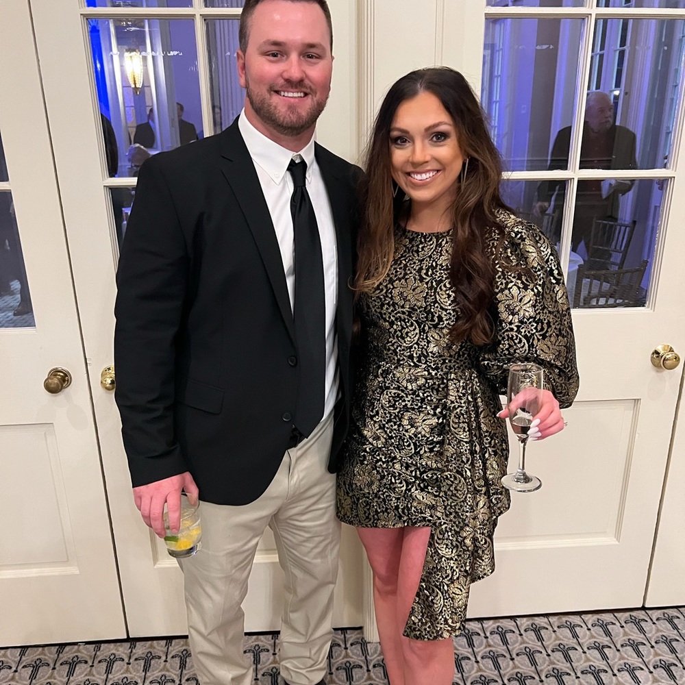 Black and gold cocktail dress! GORGEOUS, so many compliments. From Revolve.